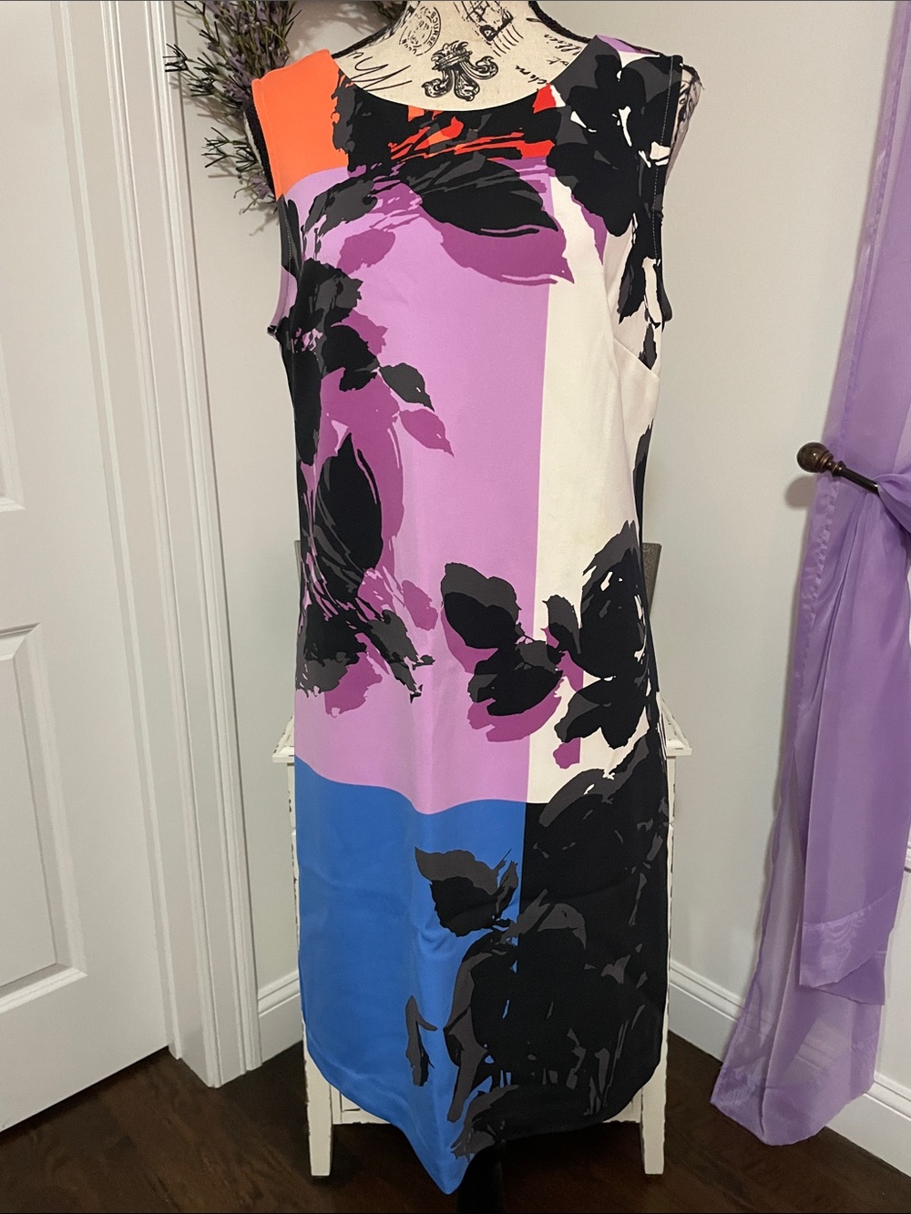Worthington Sleeveless Colorblock Floral Midi Dress in Pink, Blue, Black & Cream